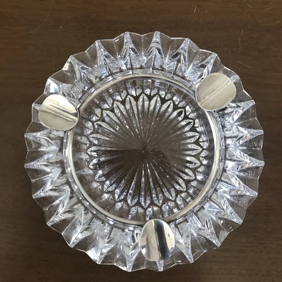Mid Century Modern Ashtray Heavy Clear Cut Glass Silver Plate Starburst MCM - Picture 4 of 7